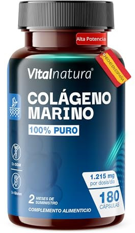 Colágeno Marino Hidrolizado 100% Puro - Alta Absorción, 1.215mg, 180 Cápsulas | Alta eficacia (2 cápsulas) o máxima potencia (3 cápsulas) | Piel Radiante, Huesos Fuertes, Alivio del Dolor Articular