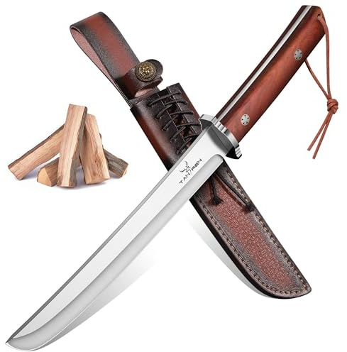 TAN REN Tanto Knife Fixed Blade, 8 Inch Survival Knives with Wooden Handle, Japanese Fixed Blade Knife with Sheath for Camping, Outdoor, Christmas Gift Knives for Men