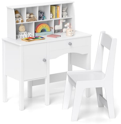 COSTWAY Set Scrivania e Sedia per Bambini in Legno, Tavolo e Sedia per Cameretta con Cassetto, Ripiano e Armadietto, Scrivania per Bambini Età 3+ Anni per Computer