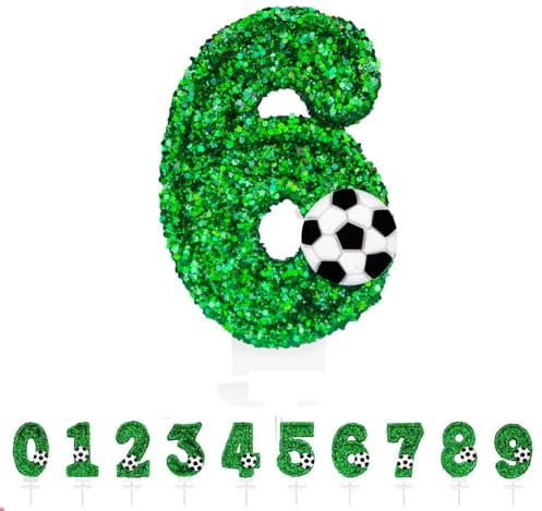Velas de Cumpleaños Numeros, Verde Velas Futbol Cumpleaños con Lentejuelas Brillantes Vela Numero Adorno para Fiestas Temática Fútbol, Aniversario y Eventos Infantiles (Número 6)