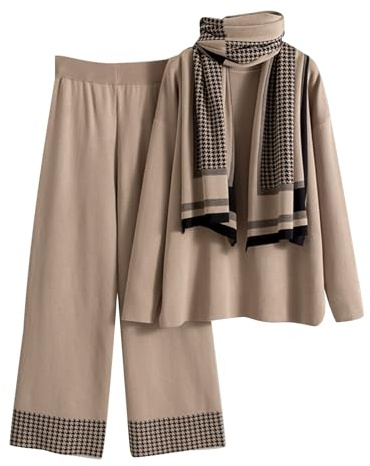 Vhersily 2025 Completo in Maglia Donna Elegante 3 Pezzi Lana Polsino Elastico Tute Maglione Maniche Lunghe e Pantalone Vita a Gamba Larga Tuta Autunno Invernale Set Lavorati Larghi con Sciarpa Morbido