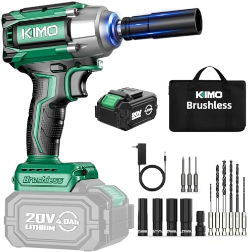KIMO Impact Wrench 1/2 Cordless, 1200N.m (900ft-lbs), 4000RPM, 9-Piece Drill & Driver Set, 4 Sockets Impact Drill for Car Tires, Safety Lock, Variable Modes, 4000mAh Battery Power Smart Impact Wrench