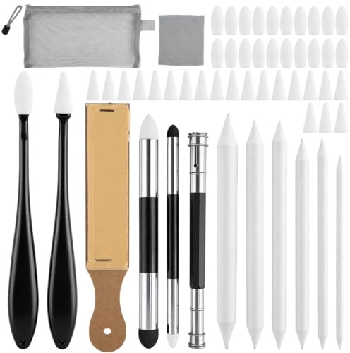 54 Pcs Blending Stumps and Tortillions Set, Sketch Drawing Stumps Pencils Tools, Blending Stumps, Art Blending Tools Supplies, Hybrid Sponge Pen with 40 Pcs Sponge Heads and 1 Kneaded Eraser