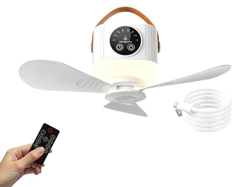 Ventilador de techo portátil - Dispositivo recargable de 4 velocidades con mando a distancia e iluminación | Ventiladores de techo exterior - para gazebo, patio, autocaravana, terraza, playa