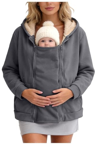 Dam 2-i-1 babybärare huvtröja fleecefodrad moderskap dubbel dragkedja amningsvänlig jacka varm vinter graviditet kappa för nyfödda spädbarn efter födseln överdimensionerad långärmad solid lös passform