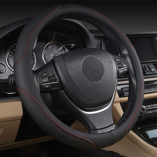 coofig Funda Volante Coche Universal Transpirable Antideslizante de 15 Pulgadas de PU Cuero,Cubre Volante Coche Compatible con Car Truck SUV (Negro Rojo-4)