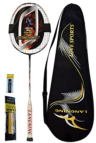 LANGNING Ronning LN90 Badminton-Schläger der dritten Generation, 5U, All-Carbon verbundene Badmintonschläger, Kohlefaser, Offensiv, 13,6 kg, 3 Badminton-Birdie