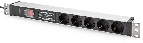 DIGITUS Regleta 19 - 5 tomas - 1U - 250VAC - 50/60Hz - 16A - Con filtro de red, protección contra sobretensiones e interruptor