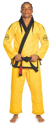 KO Sports Gear Adult BJJ Gi Set, Pre-Shrunk Cotton Jiu Jitsu Uniform with 450 GSM Pearl Weave Jacket, 13 Oz Rip Stop Pants, Reinforced Knee and Lower Leg, Belt Not Included, Unisex Fit (Yellow, A2)