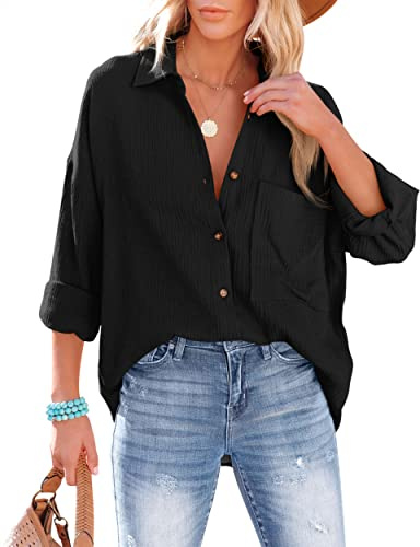 NONSAR Chemisier décontracté à col en V pour Femme 100% Coton Coupe Ample Couleur Unie épais élégant avec Poche（Noir,XL）