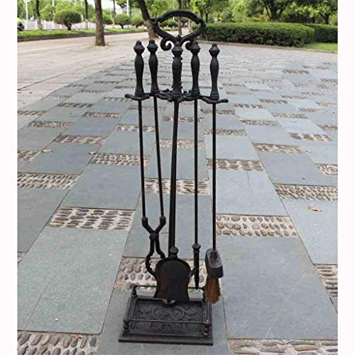 Fireplace Tools Sets 5 Pieces Scroll Fireplace Tools Cast Iron Indoor Firewood Tools With Log Holder Outdoor Fireset Pit Stand Large Tongs Shovel Antique Broom Chimney Poker Wood Stove Hearth Accessor