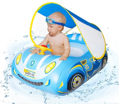 Baby Schwimmring mit Sonnendach Ninonly UPF50+ Schwimmring ab 1 Jahr mit Steuerrad Baby Schwimmreifen 6 Monate Für Babys, Kleinkinder ab 1-4 Jahr Blau