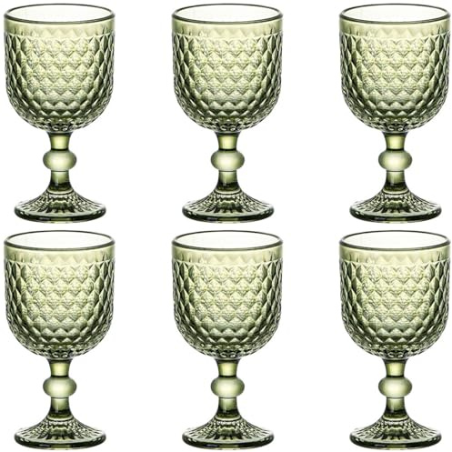 Taganov Green Wine Glass Water Goblets Vintage Glassware set of 6 Colored Stemware 13.5 oz for Wedding Party Bar Housewarming Gift