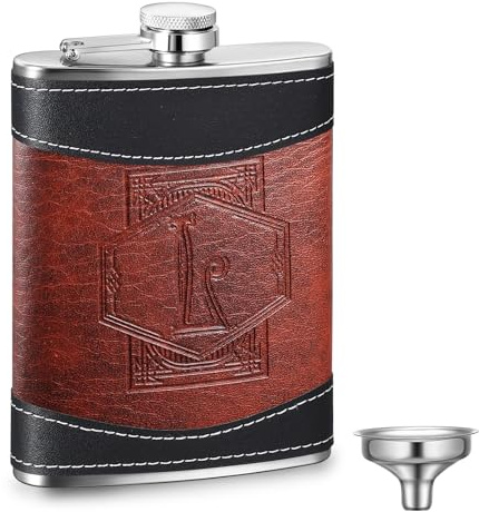 Baderke Personalized Groomsmen Flask 8 oz Stainless Steel Monogram Hip Flask for Men Leather Birthday Gift for Dad Grandpa Wedding(Letter L)