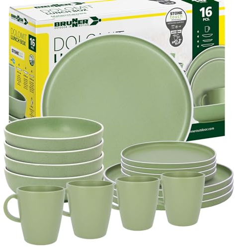 BRUNNER: Melamin Geschirr-Set Camping | 16-Teilig - Teller & Kaffe-Becher für 2-4 Personen | DOLOMIT Lunch Box - Stapelbar, Kratzfest