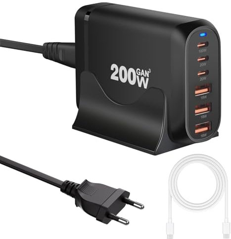 200W Cargador USB C Multiple, 6 Puertos GAN III Cargador Rapida Tipo C, Estación de Carga USB, PD+QC Adaptador de Corriente para iPhone Samsung iPad MacBook Portátil con 1,5m 100W USB C Cable - Negro