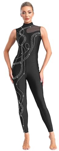 FEESHOW Helkroppsdräkt för kvinnor, glitter, gymnastik, danströja, ärmlös, overall, yoga, skridskoåkning, balett, danskostym, helkroppsdräkt