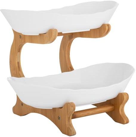 Frutero de dos niveles blanco, marco de madera de bambú natural y vida útil, 2 cuencos de polipropileno de grado alimenticio, diseño abierto con buena ventilación, 14,8 x 22,5 x 21,5 cm