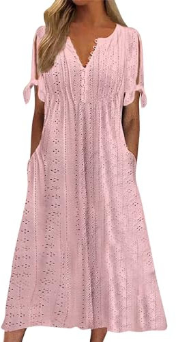 Maxi Dresses for Women UK,Summer Dresses for Women UK 2025 Causal V-Neck Button Short Sleeve Vacation Floral Dress with Pockets Ladies Maxi Printing Party Club Elegant Beach Dresses Pink XL