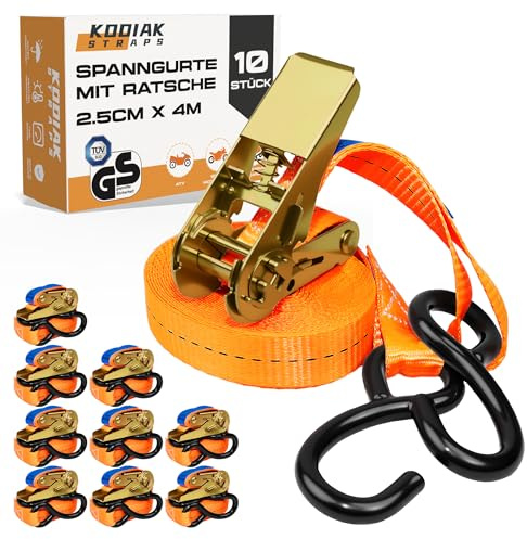 10 Cinghie di Tensione 4m x 800kg con Cricchetto e Ganci-S - Cinghie a Cricchetto da 25mm - Cinghia Arancione per la Sicurezza del Carico - Certificato TÜV/GS e secondo DIN EN 12195-2 - KODIAK STRAPS