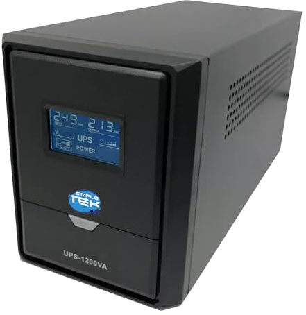 SIMPLETEK - Alimentation sans interruption UPS 1200 VA / 500 W avec écran LCD, 3 prises Schuko/UE, protection contre les courts-circuits, fonction AC auto restart