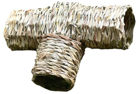 Didiseaon Nid pour Hamster en Paille Naturelle Tissé Main Tunnel de Jeu 4 Ouvertures Dimensions 12 X 32 X 22 CM Maison pour Animaux de Compagnie Ludique pour Hamster et Petits Rongeurs
