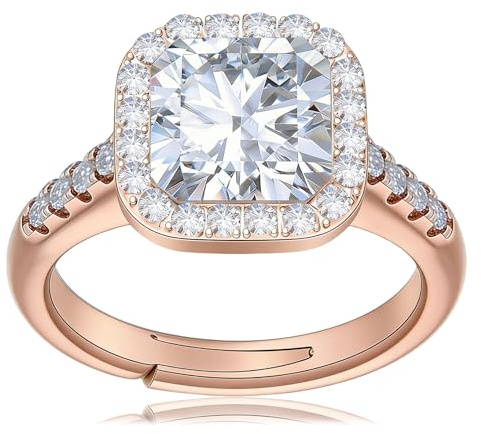 Cushion Cut Halo Engagement Ring for Women, 14K Rose Gold Plated 4ct Wedding Ring , Square Center Stone Pavé Band Promise Ring for Proposal Anniversary with Jewelry Gifts Adjustable Ring Size 4-7