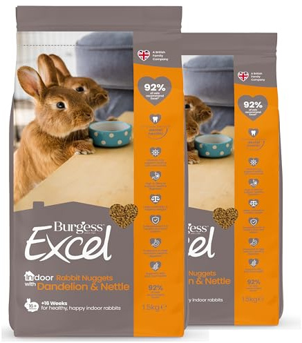 Burgess Excel Indoor Rabbit Food with Dandelion & Nettle, 3kg – Indoor Rabbit Nuggets – High Fibre, Rabbit Pellets (Pack of 2)