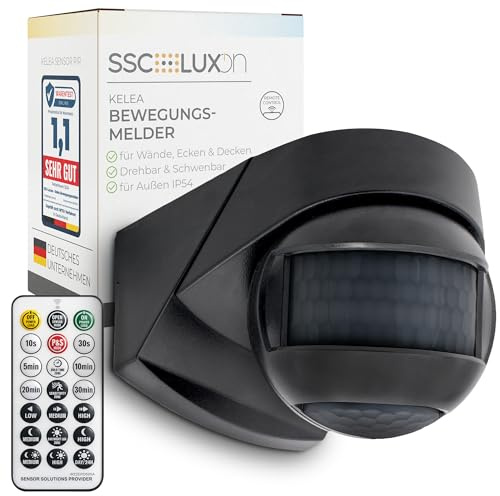 SSC-LUXon KELEA détecteur de Mouvement PIR IP54 Noir avec télécommande – capteur 12 m orientable 180°/360° avec capteur crépusculaire