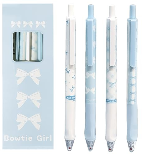 Orablooiva 4 Pezzi Penne Dolci Estraibili Con Fiocco Penna Gel 0,5mm Punta Fina Inchiostro Nero Scrittura Fluida Strumento Ufficio Scuola Accessori Kawaii Penna Blu