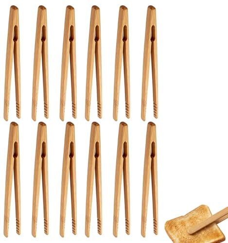 Pinzas de Bambú para Pan de Madera,Set de 12 Pinzas de Cocina Reutilizables,18cm,Ideales para Tostadas, Té, Frutas y Pepinillos