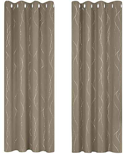 Deconovo Super Soft Dotted Line Foil Printed Eyelet Curtains Blackout Curtains Thermal Insulated Curtains for Living Room Taupe W55 xL69 One Pair