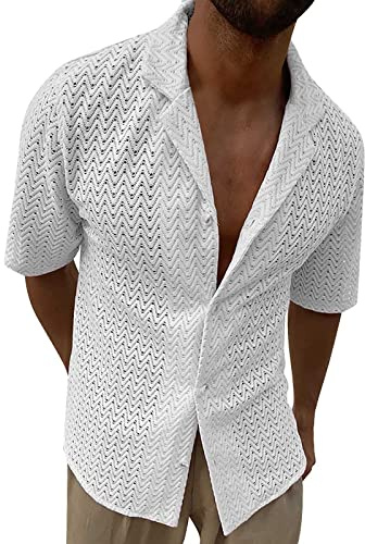 Celucke Strickhemd Herren Hohloberteil Sommer Aatmungsaktiv Hemd Männer Einfarbig Schlank Rever Hemden Kurzarm Lässig Freizeithemden Loose Shirt(Weiß,L)