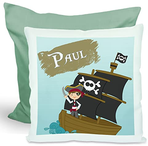 CreaDesign, Kinder Kissen 40x40 cm personalisiert mit Namen, Kinderzimmer Deko Kissen Kinder mit Füllung Federn, Motiv Pirat, Rückenfarbe Grün