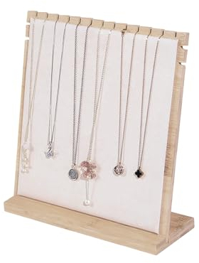 Justsoso Bamboo Necklace Display Stand, Wood Jewellery Necklace Holder, Chain Jewelry Rack Organizer, Tabletop Display Boards for Home or Shop Sell Show (Beige Velvet)