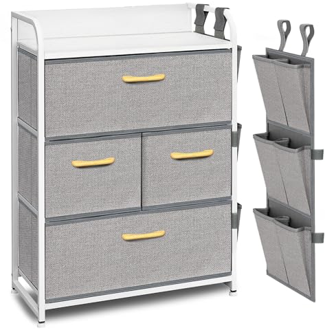 VERONLY Kommode mit 4 Schubladen aus Stoff,Mehrzweckschrank Schrank Flur Aufbewahrungsschrank Sideboard mit Seitentaschen für Schlafzimmer, Wohnzimmer, Kinderzimmer, Büro (Grau,58 * 29 * 80cm)