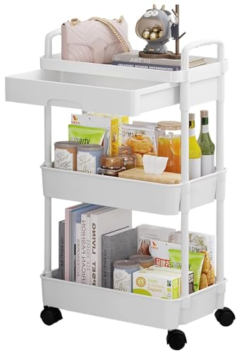 DUOJIN 3 Tier Plastic Rolling Utility Cart with Handle, Multi-Functional Storage Trolley with Mesh Baskets and Lockable Wheels for Bathroom Kitchen Office Classroom (White)