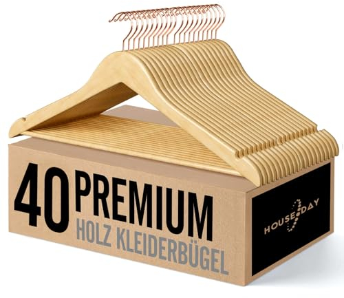 HOUSE DAY Kleiderbügel Holz, 40er Holzkleiderbügel, Kleiderbügel Natur für Anzüge, 360° drehbarer Haken in Roségold, rutschfest, Einkerbungen im Schulterbereich