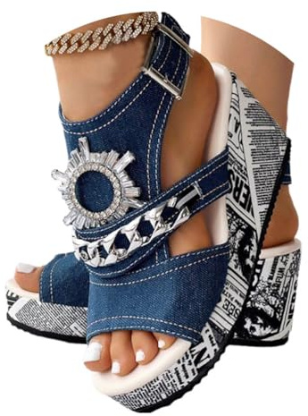 Onsoyours Sandale Compensées Femme Été Talon Compensé Chunky Chaussure de Plage Sandale Plateforme Cheville Strass Talon Plateforme Sandales