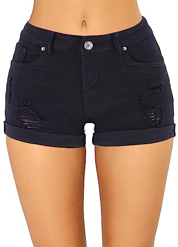 Black Denim Jean Shorts - Women's Low Waisted Ripped Durable Summer Crop Hot Pants Trendy Sexy Active Casual Shorts with Pockets