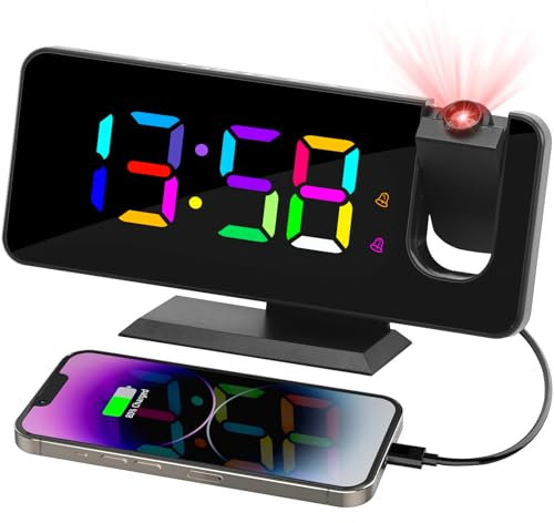 ROTRES Projektionswecker, LED Spiegel Digitaluhr Display mit 180° Drehbarem Projektor, Tischuhr Digital, RGB-Nachtlicht, USB-C-Anschluss, Moderne Schreibtischuhr für Schlafzimmerdekoration