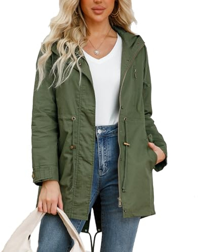 chiguomaoyi Vestes militaires légères et décontractées pour femmes Anorak Utilitaire Taille haute Cordon de serrage Manteau à capuche zippée