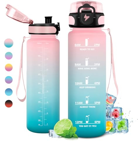 KollyKolla Trinkflasche 1L, Trinkflasche mit Zeitmarkierung und Filter, Auslaufsicher Wasserflasche Kohlensäure Geeignet für Fahrrad, Schule, Maedchen, Sport