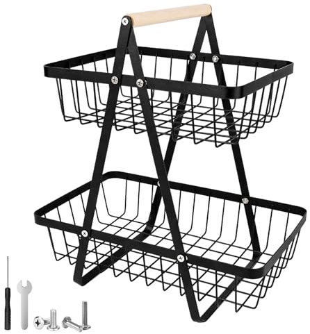 NVIYAM 2 Stöckig Obstkorb, Metall Obstschale Gemüse Regal, Abnehmbar Obst Etagere, Stehend Aufbewahrung Küche, Obst Halter Aufbewahrung für Obst Gemüse Brot Snacks Korb