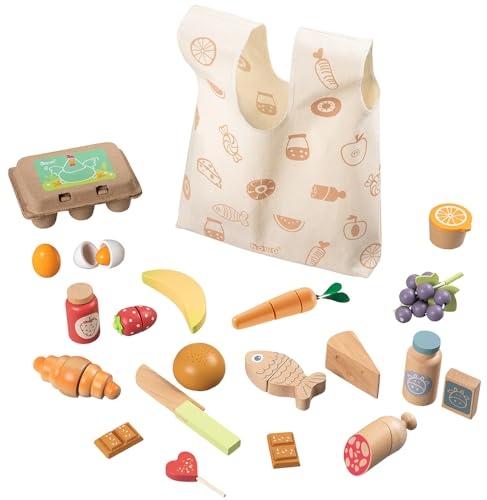 howa Kaufladen Zubehör Kinderküche Zubehör Holz, 25-teiliges Holzspielzeug Set Spiellebensmittel - Obst, Gemüse, Wurst, Käse, Fisch, Brötchen und mehr Spielküche Zubehör für kreative Rollenspiele 4895
