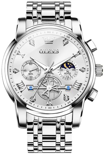 OLEVS Silberne Herrenuhren Großes Zifferblatt Edelstahl Uhren Herren Klassisches Luxus Weiße Multifunktion Tourbillon Quarzuhr Herren Chronograph Römisches Ziffern Wasserdicht Leuchtend Herrenuhr