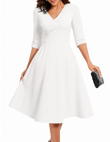 Bbonlinedress Vestido de Cóctel Fiesta Midi para Mujer Vestido Formal para Invitada de Boda Cuello en V Longitud del Té con Manga 3/4-1White L