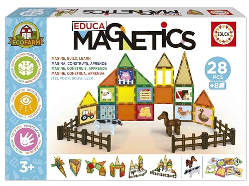 Educa - Magnetics Ecoferme | Jeu éducatif de Construction magnétique 3D avec 28 pièces pour Enfants. Comprend 2 Animaux et 8 Cartes. Construisez des Figures géométriques. A partir de 3 Ans (20269)