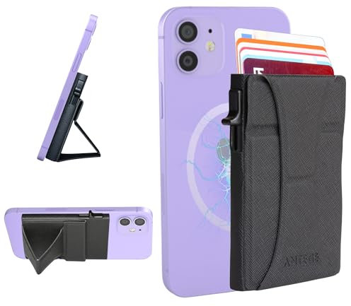 Tarjetero MagSafe de Cuero Vegano con Soporte Ajustable y Bloqueo RFID, Magsafe Wallet Apple, Cartera Magnética Compatible con iPhone 12 13 14 15 16. Capacidad para 7 Tarjetas (Negro/Negro)