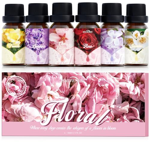 SNOWSEN Floral Essential Oil Set, Premium Essential Oils for Diffusers for Home, Rose, Lilac, Freesia, Jasmine, Cherry Blossom and Lavender Candle Scents for Candle Making, DIY Soaps, Aromatherapy